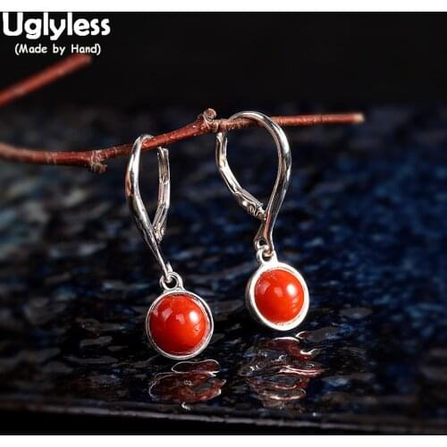 Uglyless Simple Fashion Agate Balls Dangle Earrings for Women Solid 925 Sterling Silver Gemstones Earrings Glossy Silver Brincos