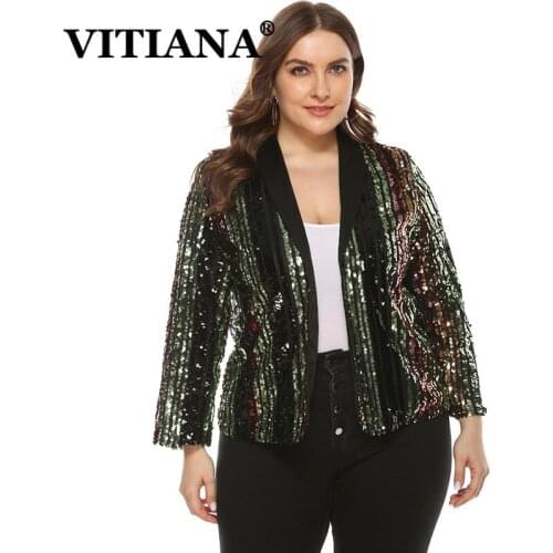 VITIANA Women Plus Size Blingbling Party Jacket Spring 2020 Female Long Sleeve Sequined Colorful Open Stitch Coat Femme Jackets