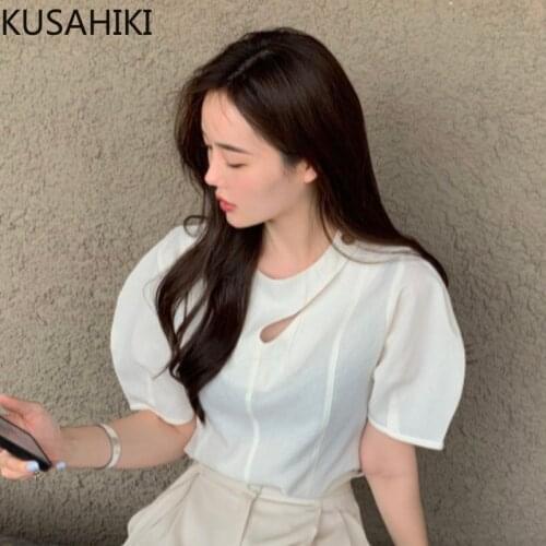 KUSAHIKI Causal O-neck Puff Sleeve Blouse Shirt Korean Chic Hollow-out Fashion Womens Tops Blusas Mujer De Moda 2021 New 6K845