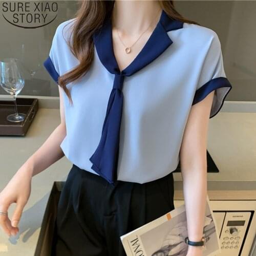 Women Tops Loose Short Sleeve Chiffon Shirt OL Style Office Lady Blue Blouse Fashion Tie Shirt V-neck Solid Korean Clothes 15072