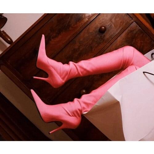 Hot Selling Women Sock Boots Pink Purple Green Pointed Toe Stretch Tight High Boot 10cm High Heel Street Over The Knee Boots
