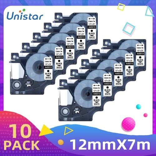 Unistar 10Pack Tapes Compatible for D1 Label Printer for Dymo Label Tape 9mm 12mm LabelManager 210D A45013 A45010 A45018 A45017