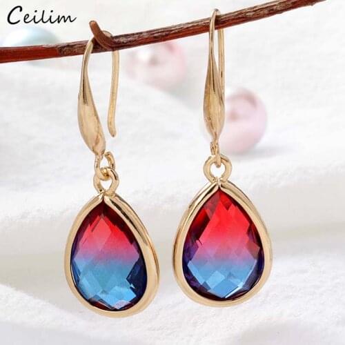 2021 Trendy Gradient Crystal Water Drop Earrings Fashion Short Gold Color Teardrop Earring Jewelry Romantic Nice Gift for Women