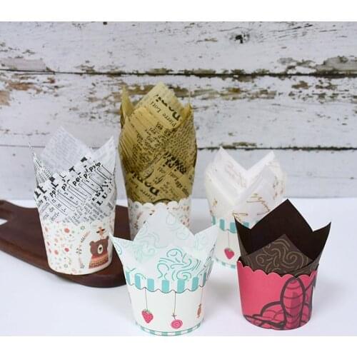 50pcs Tulip Muffin Cupcake Newspaper Style Cupcake Liner Oilproof Cake Wrapper Birthday Wedding Party Cake Decor Baking Supplies