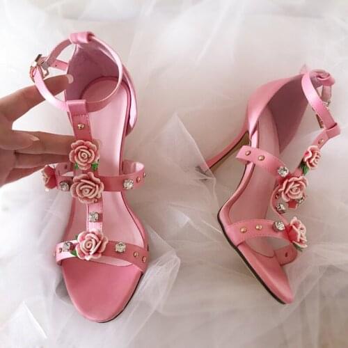 Pink High Heel Sandal Summer Sexy Open Toe Thin Heels Womens Shoes High Quality Flower Ladies Pumps