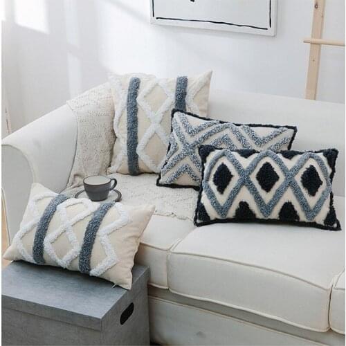 Grey Beige Handmade Geometric Embroidery Cushion Cover Tufted Home Decor Pillow Cover 45x45/30x50cm Sofa PillowCase Pillow Sham