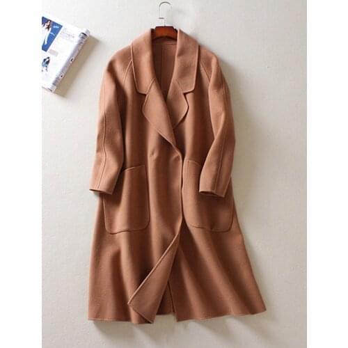 Double sided 100%wool fabrics hand-made womens elegant long overcoat big turn-down collar 2button S/M/L
