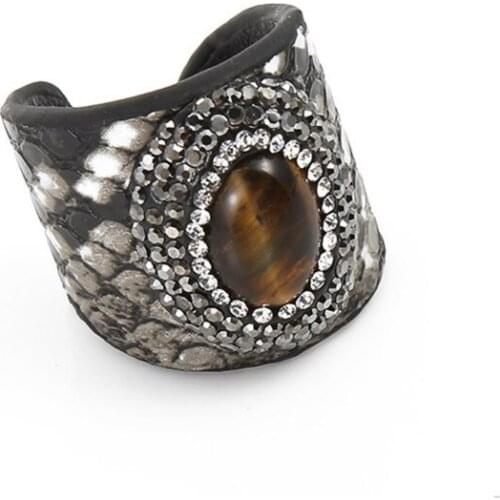 FYJS Unique Silver Plated Handmade Leather with Oval Tiger Eye Stone Open Finger Ring Black Agates Jewelry