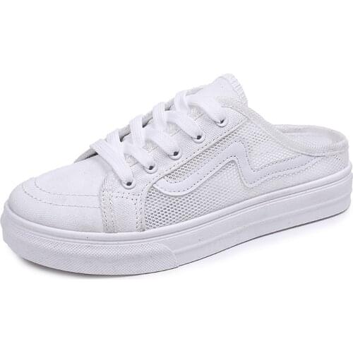 Backless Canvas Women Shoes Summer New Casual Flat Sneakers Female Lace up Mesh Black and White Sport Canvas Shoes