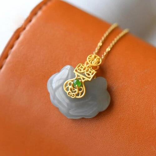 Classical Chinese Style Natural Smoke Mauve Jade Lock of Good Wishes Pendant Hetian Jade Longevity Lock Sterling Silver Vintage