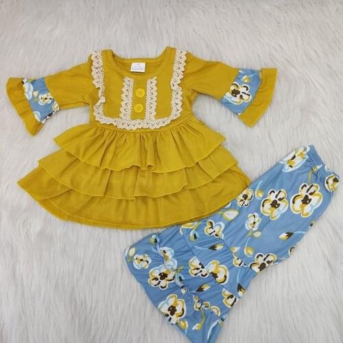 Little baby fashion cute kids toddler girls ready to ship fall Christmas 2 pieces set girl yellow outfit