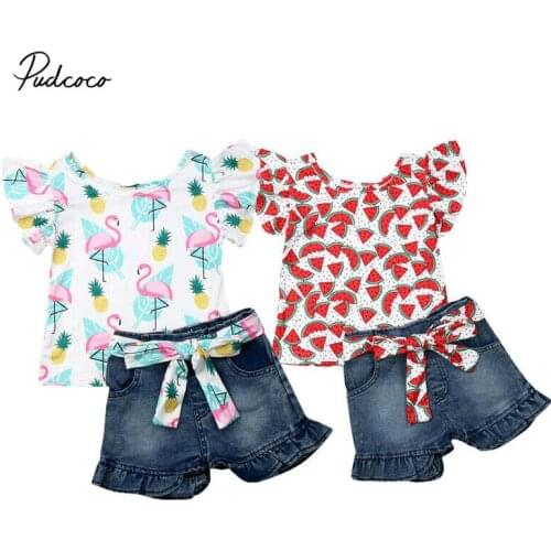 Pudcoco 2pcs Clothes Set Toddler Baby Girls Flamingo Print Floral Watermelon Tops T-shirt Denim Jeans Shorts Pants Kids Outfits