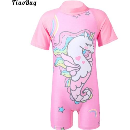 TiaoBug Summer Cartoon Print Girls One-Piece Zipper Back Short Sleeve Boyshorts Swimsuit Swimwear Rash Guard Bathing Suit