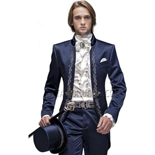 Latest Coat Pant Designs Italian Navy Blue Satin Embroidery Men Suit Slim Fit 2 Piece Groom Tuxedo Custom Prom Blazer Masculino