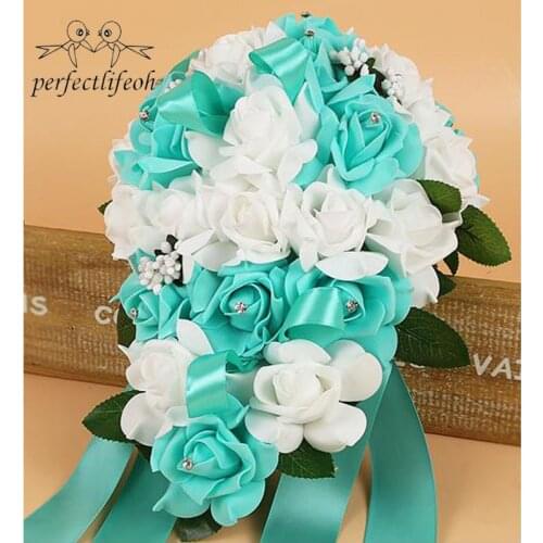 Perfectlifeoh Artificial Water droplets Bridal Bouquets Crystal Bridal Wedding Bouquets wedding bride flower Shaped Turquoise