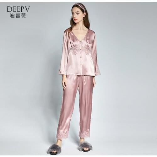 19 MM Silk Pajamas For Women Set Female Spring Sex Silk Trousers Long sleeve Fashion Lady Lace Two-piece Suit