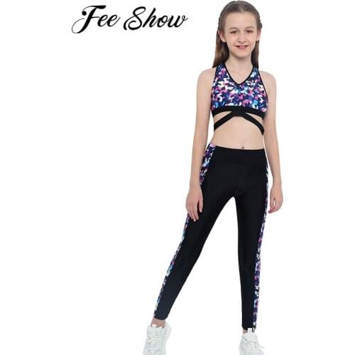 Girls V Neck Shoulder Straps Cross at Rear Sport Top Long Pants Yoga Leggings Activewear Fitness Running Set Sports Dance wear