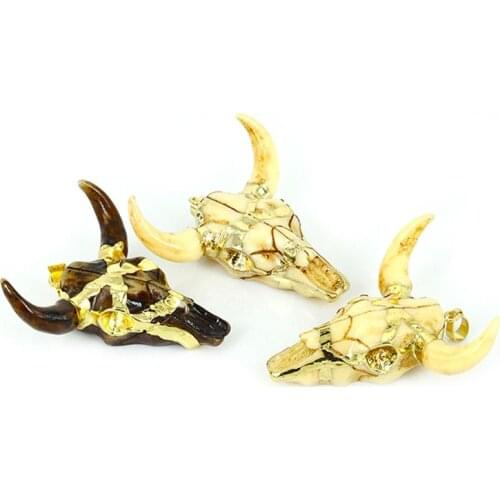 Golden goat cow Bulls skull head stone charms unisex pendants necklace for women man handmade material for jewelry making