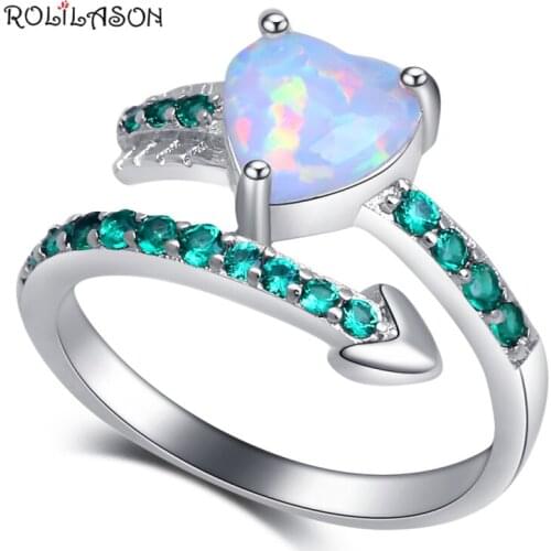 ROLILASON Unique double design Green Crystal White Fire Opal Silver Fashion Jewelry Ring For Women USA Size #6#7#8#9#10 OR901