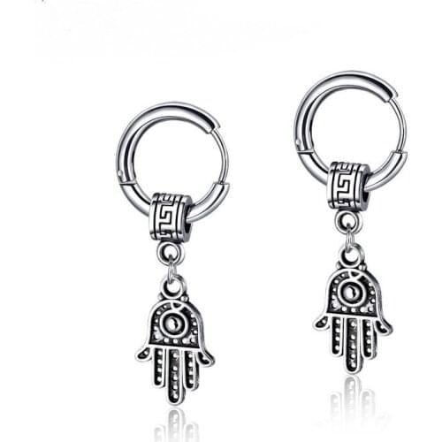 Gethic Fatima Hand Pendant Punk Round Piercing Stainless Steel Earring For Men Piercing Religious Belief Stud Earrings Women