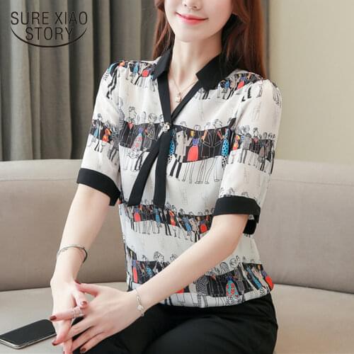 Printed Silk Shirt Plus Size Womans Blouse Temperament Splicing Lace Blouses Short-Sleeved Tie Womens Tops and Blouses 9464 50