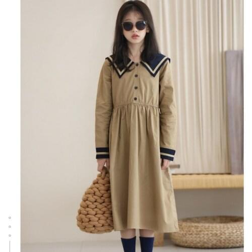 Teen Girls School Midi Dress Preppy Kids Cotton Dresses Autumn 2021 New Children Uniform Clothes Khaki Dark Blue Patchwork,#6496