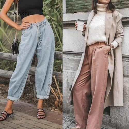 Harem Pants Women Casual Streetwear Pleated Mom Jeans For Women Streetwear Denim Pants Women 2020 Casual Loose Boyfriend Jeans