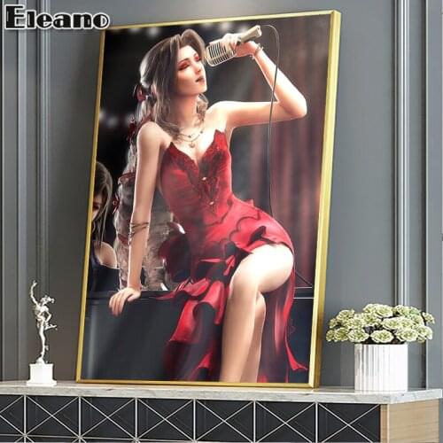 Modern art painting Poster Sexy Woman Canvas Paintings Girl with black gold veil in red skirt singing Aesthetic wall art decor