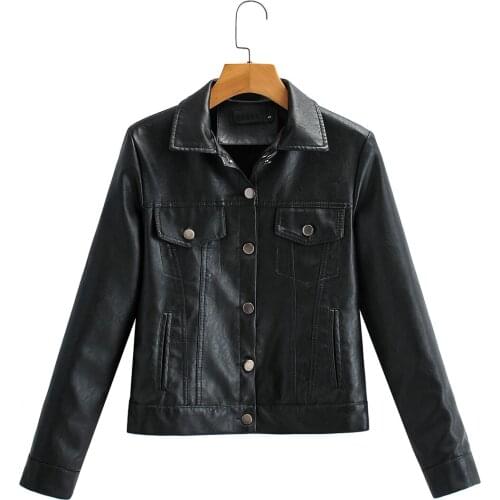2021 Women Jacket Black PU Leather Vintage Party Long Sleeve Coat Fashion Button Lapel Neck Casual Outerwear Solid Work Jackets