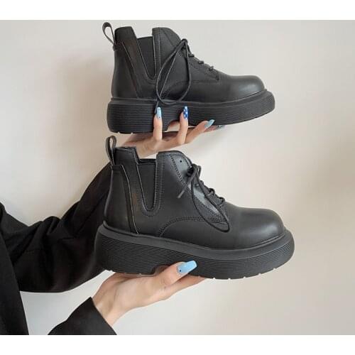 Rock Shoes Woman Winter Boots Lady Round Toe Flat Heel Lace Up Luxury Designer Boots-Women 2021 Autumn Med Fashion Lolita Ankle