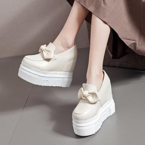 Womens Vulcanize Shoes Platform Sneakers 12cm Wedge Heel Bowknot Female Casual Shoes 2021 Spring Summer Chunky Leather Shoes