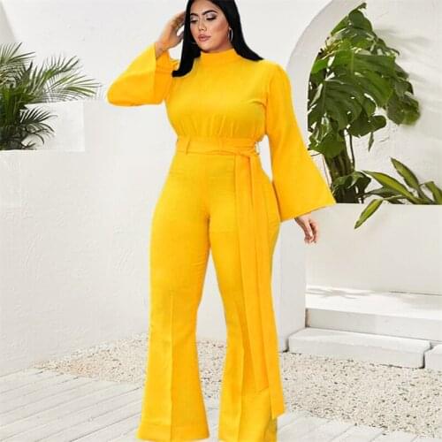 2021 Clothing New Fashion Popite WomenS Stand Collar Flared Sleeve High Waist Wide Leg Pants With Belt Jumpsuit