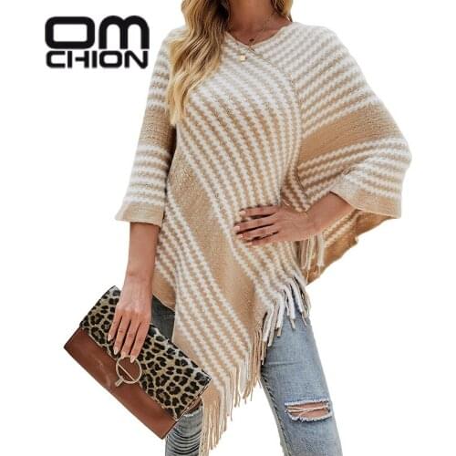 OMCHION Pull Femme 2021 Women Tassel Knitted Sweater Poncho Sexy Striped V Neck Irregular Hem Casual Loose Pullover Jumper
