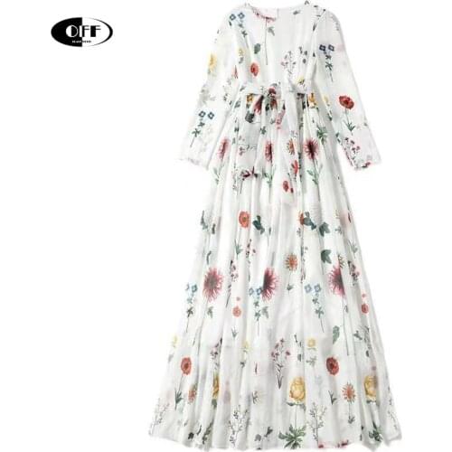 Bohemia Maxi Dresses white Women Summer Long Sleeve Elegant Floral Print Bow Party Holiday Beach lady Long Dress Robe Plus size
