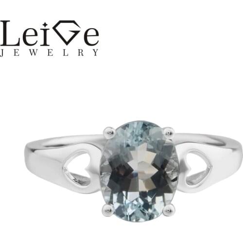 Leige Jewelry Natural Aquamarine 925 Sterling Silver Ring Oval Cut Gemstone March Birthstone Promise Engagement Rings for Women