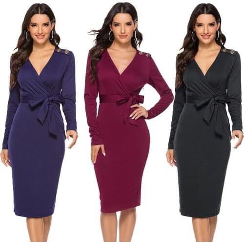 COLDKER office ladies dress women casual dress solid pattern v neck long sleeves cloth for female woman fomal clothing