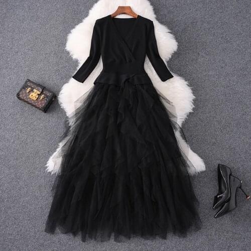Women knitted patchwork black mesh dress gothic style V-neck stretch ruffles bow gown sexy dresses spring autumn 2021
