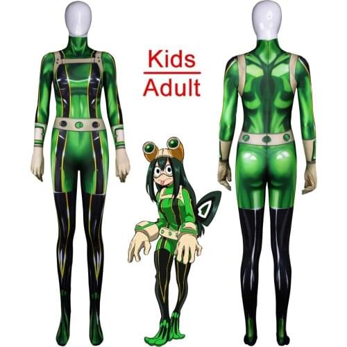 2018 Anime 3D Women Hero Academia Boku no Hero Academia Asui Tsuyu Cosplay Costumes Zentai Bodysuit Jumpsuits Halloween Clothing
