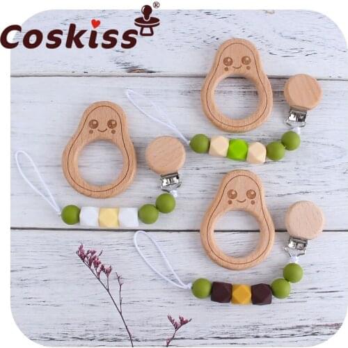Coskiss Baby Beech Wooden Pacifier Clip Wooden Teether Baby Teething Toys Cartoon Avocado Pacifier Chain Baby Gifts