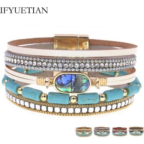 IFYUETIAN Bohemia Bracelets for Women beaded stone Leather Bracelet Multilayer wrap Bracelets & Bangles Female Fashion Jewelry