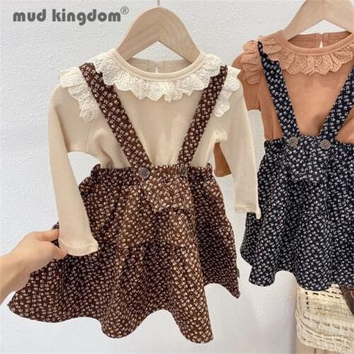 Mudkingdom Girls Set Solid Lace Turn-down Collar Long Sleeve Tops Floral Strap Dress Outfits for Girl 2pcs Clothes Spring Autumn