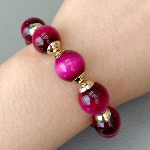 YYGEM 14mm Round Smooth Fuchsia Tiger Eye Bracelet Gold Color Round Magnet clasp