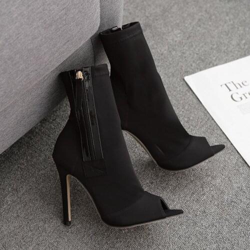 MHYONS Fashion Black Stretch Ankle Boots Women Sexy Stiletto High Heels Woman Shoes Spring Autumn Peep Toe Botas Mujer