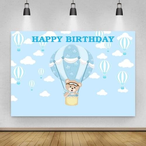 Cartoon Bear Flying In Hot Air Balloon Background Boy Birthday Party Decoration Photography Studio 3D Digital Backdrop Cloth