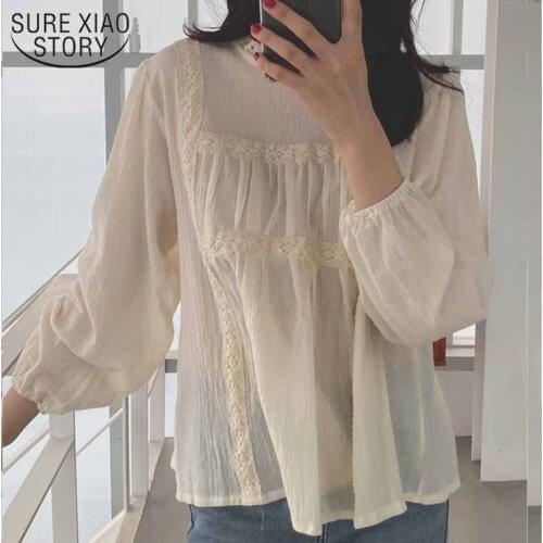 2021 Spring New Women Lace Shirt Pleated Korean Style Long-sleeve Stand Collar Tops Sweet Solid Autumn Blouse Chic Blusas 12727