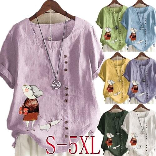 New Women Summer Casual Cartoon Print Loose T-shirts Vintage Round Neck Plus Size Short Sleeve Blouse Tops S-5XL