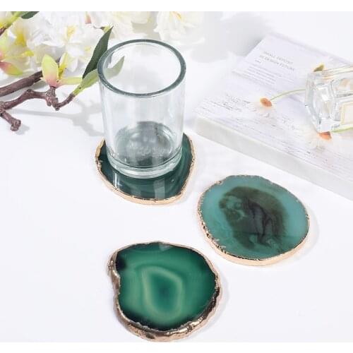 Round Shape Slice Electroplated Gold Edge Green Craft Pad Agate Natural Stone Crystal Coaster Cup Beverage Holder Mat Home Decor