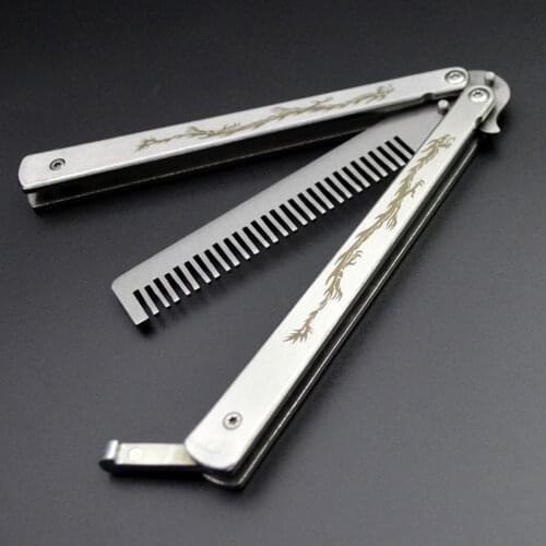 Foldable Comb Stainless Steel Practice Training Butterfly Knife Comb Beard Moustache Brushes Hairdressing Styling Tool