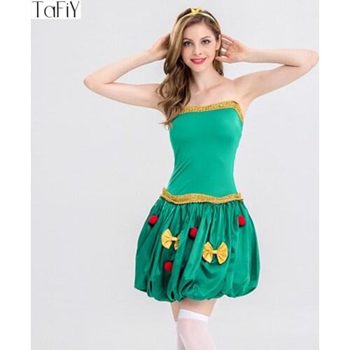 TaFiY 2 pcs Women Christmas Green Tree Dress Sexy Christmas Costumes For Adults Uniform Xmas Cosplay Costume One Size