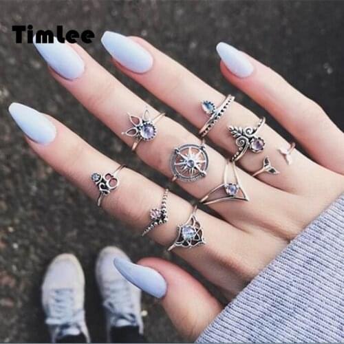 Timlee R017 New Simple Retro Rhinestone Leaf Crown Rudder Finger Rings Set ,9pcs/set Fashion Jewelry Wholesale HY